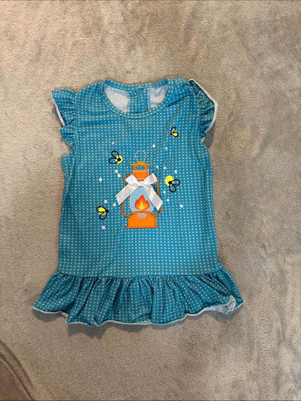 6t-7t Girls Teal Polka Dot Ruffle Dress with Lantern & fireflies
